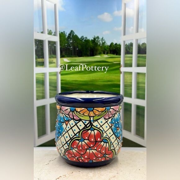 Vibrant Talavera Planter with Drainage Hole | Hand-Painted Mexican Ceramic Pot - Picture 10 of 13